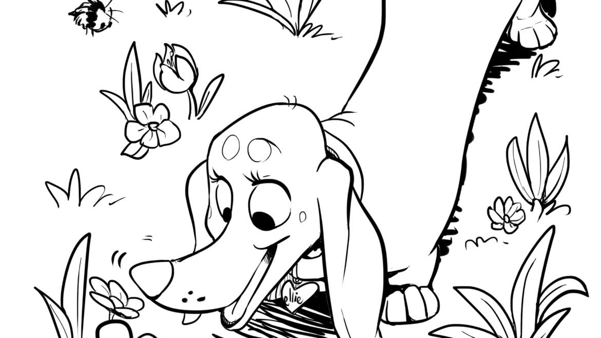 Ellie the Wienerdog Spring Flowers Coloring Page