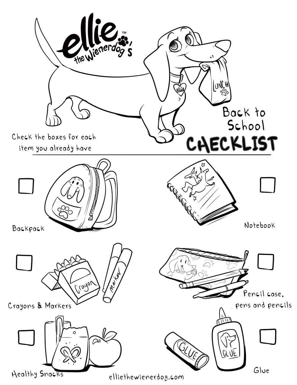 Ellie the Wienerdog Back to School Coloring Page Checklist